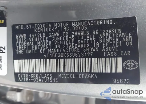 2006 Toyota Camry Xle V6 z USA, uszkodzony, nr VIN 4T1BF30K56U623427